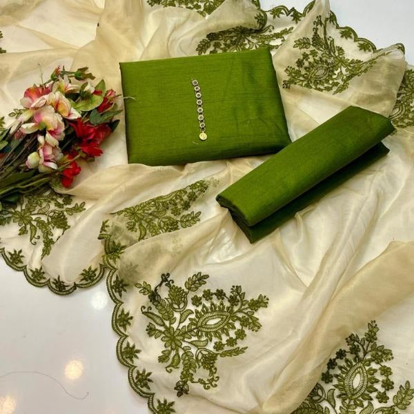 3 Pcs Women's Unstitched Raw Silk Plain Suit