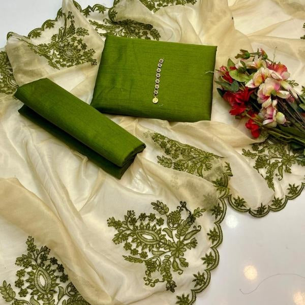 3 Pcs Women's Unstitched Raw Silk Plain Suit