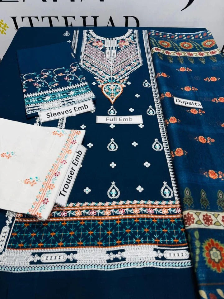 3 Pcs Women's Unstitched Embroidered Suit