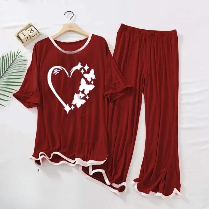 2 Pcs Heart Printed Printed Fleece Night Suit for Women