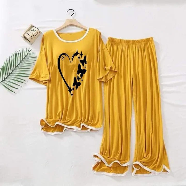 2 Pcs Heart Printed Printed Fleece Night Suit for Women