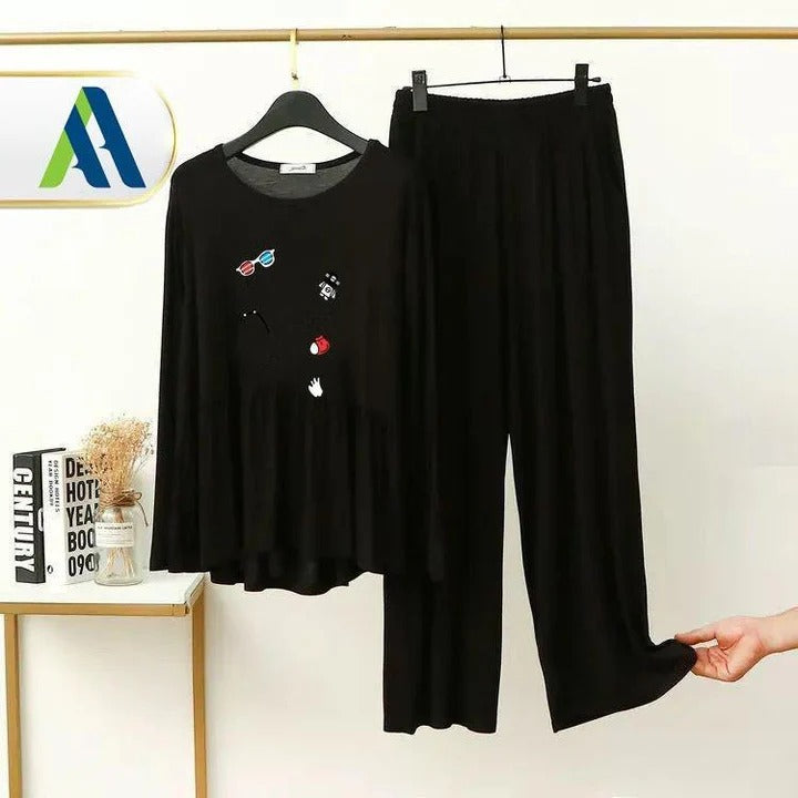 2 Pcs Heart Printed Printed Fleece Night Suit for Women