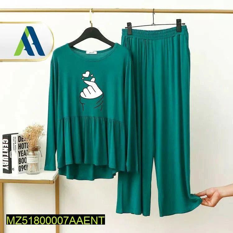 2 Pcs Heart Printed Printed Fleece Night Suit for Women
